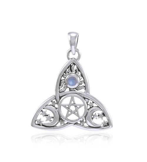 Triquetra Sun Moon & Stars with Rainbow Moonstone Pendant