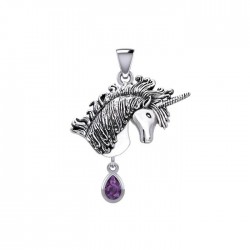 Unicorn Silver Pendant with Dangling Amethyst Gemstone