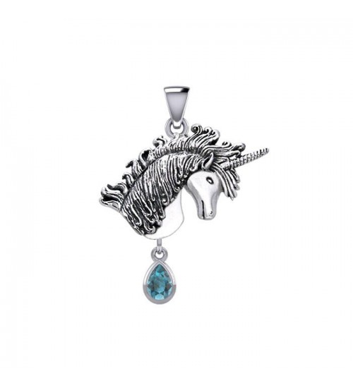 Unicorn Silver Pendant with Dangling Blue Topaz Gemstone