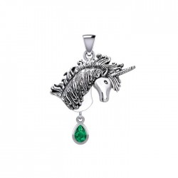 Unicorn Silver Pendant with Dangling Emerald Gemstone