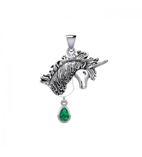 Unicorn Silver Pendant with Dangling Emerald Gemstone