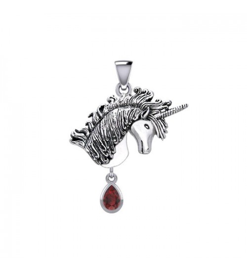 Unicorn Silver Pendant with Dangling Garnet Gemstone