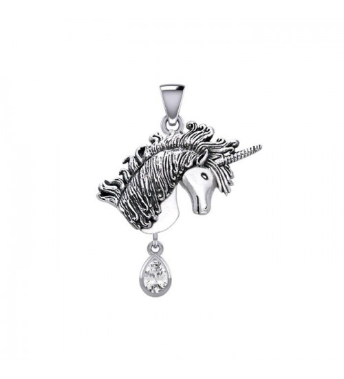 Unicorn Silver Pendant with Dangling White Cubic Zirconia Gemstone