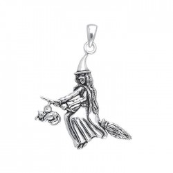 Witch with Cat on Broomstick Pendant