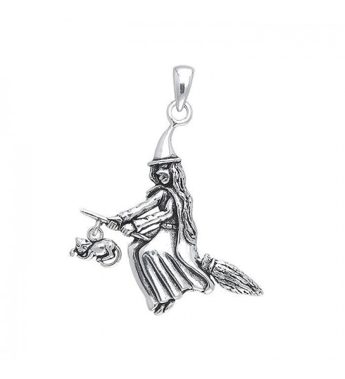 Witch with Cat on Broomstick Pendant