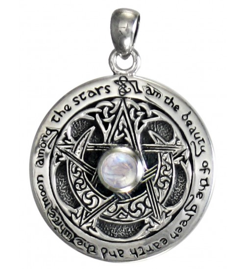 Rainbow Moonstone Moon Pentacle Sterling Silver Pendant