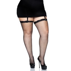 Black Fishnet Queen Size Garter Stockings with Lace Top