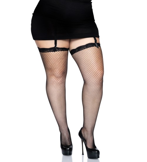 Black Fishnet Queen Size Garter Stockings with Lace Top