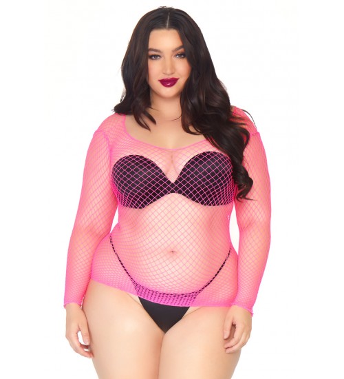 Neon Pink Fishnet Long Sleeve Plus Size Shirt