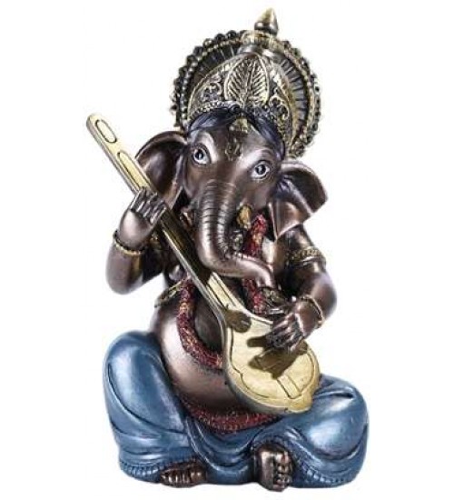 Ganesha with Lute Small Bronze Resin Statue