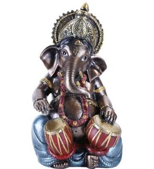 Ganesha with Drums Small Bronze Resin Statue