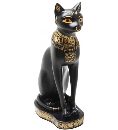 Bastet Black Cat with Gold Necklace Egyptian Statue