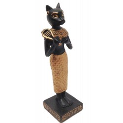 Bastet with Sistrum Mini Egyptian Statue Black and Gold