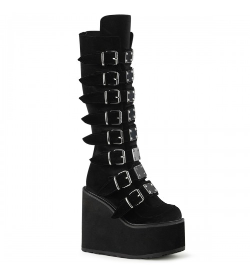 Black Velvet Swing Buckled Womens Platform Boots