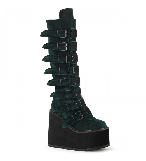 Emerald Green Velvet Swing Buckled Womens Platform Boots