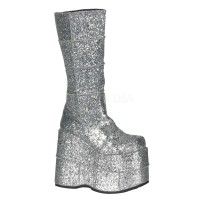 Sllver Glittered Mens Platform Patched Knee Boots