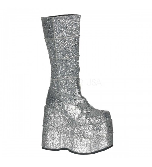 Sllver Glittered Mens Platform Patched Knee Boots