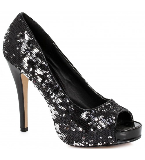 Black Flamingo Sequin Peep Toe Pumps