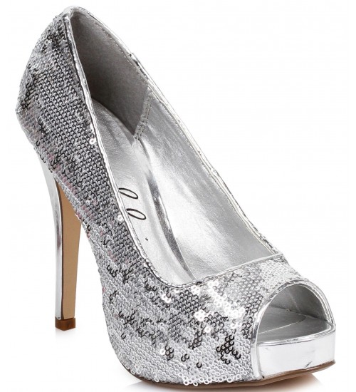 Silver Flamingo Sequin Peep Toe Pumps