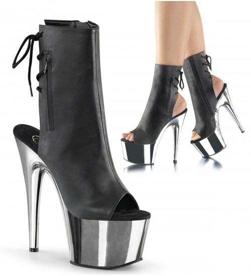 Chrome Heel Black Peep Toe and Heel Platform Ankle Boots