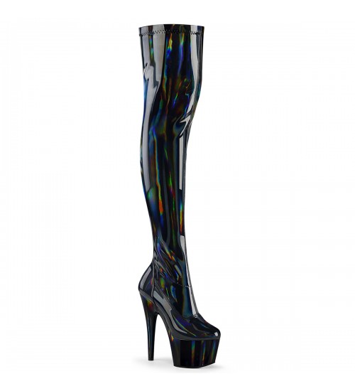 Adore Black Hologram Thigh High Faux Patent Leather Boots