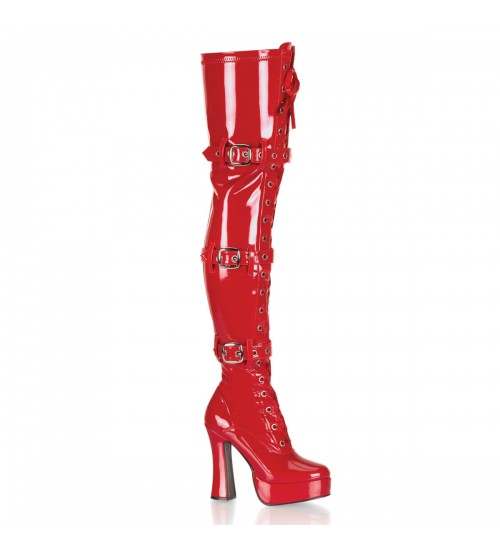 Electra Red Buckled Thigh High Platform Boots