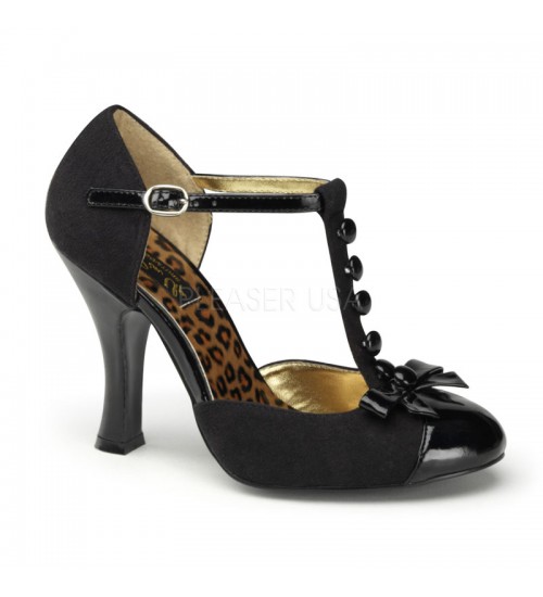 Smitten Button T-Strap Black Suede Pump