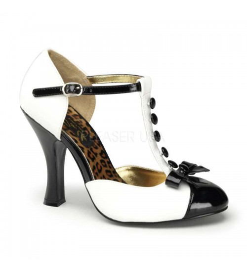 Button T-Strap White and Black Pump