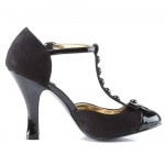 Smitten Button T-Strap Black Suede Pump