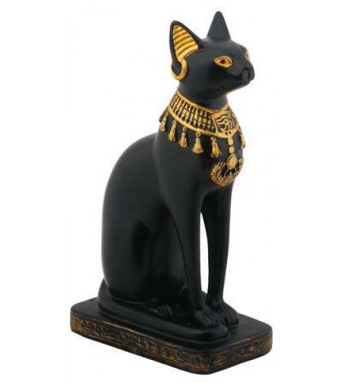 Bastet Black Cat with Lotus Collar Statue