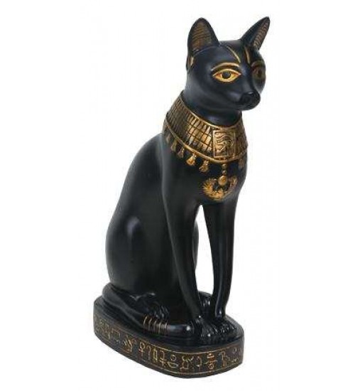 Bastet Black Cat with Gold Necklace Statue