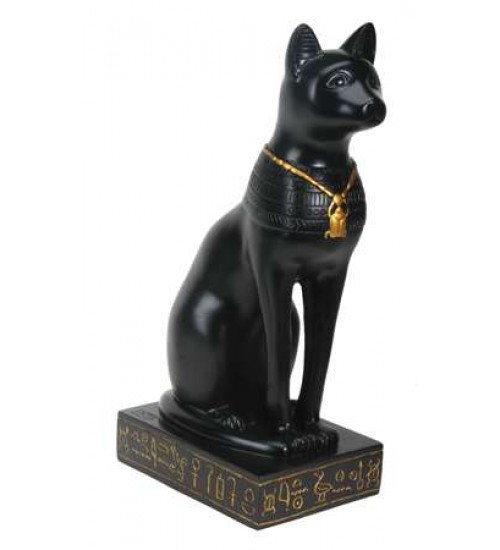 Bastet Black Cat with Scarab Necklace Statue